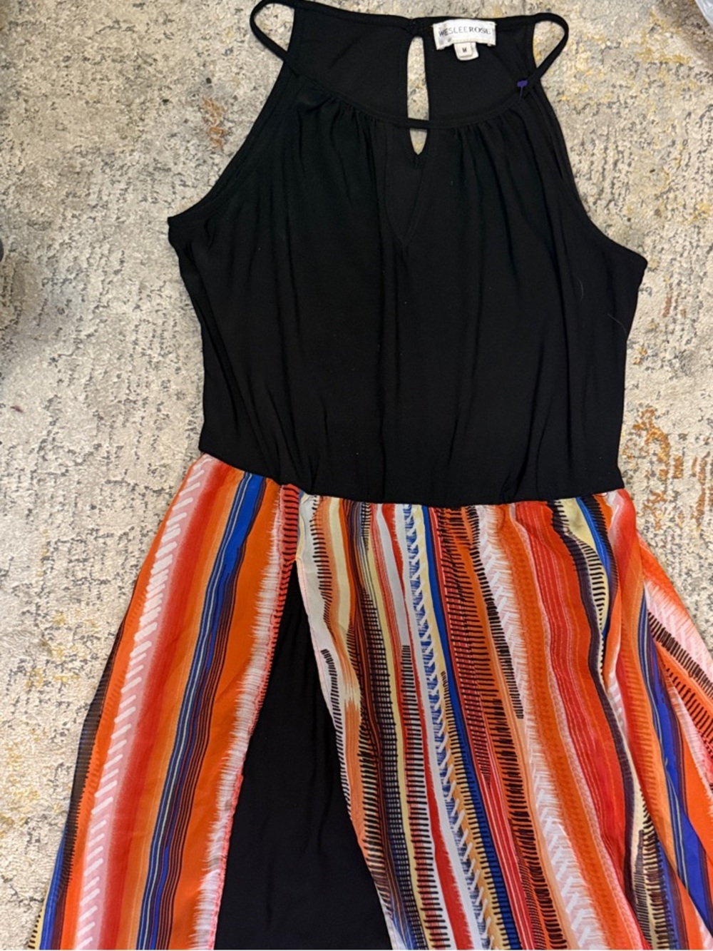 belle sky Black Maxi Dress with Red Orange Blue Striped Skirt